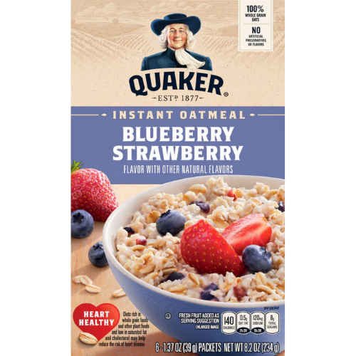 Quaker Instant Oatmeal, Blueberry & Strawberry, 1.37oz Box, 6pk