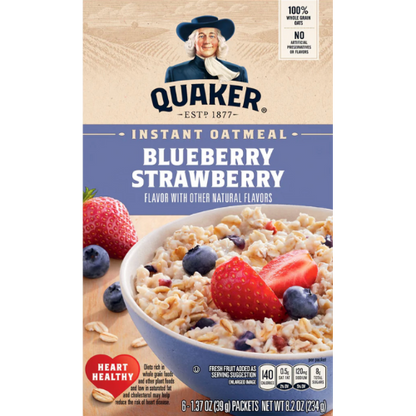 Quaker Instant Oatmeal, Blueberry & Strawberry, 1.37oz Box, 6pk